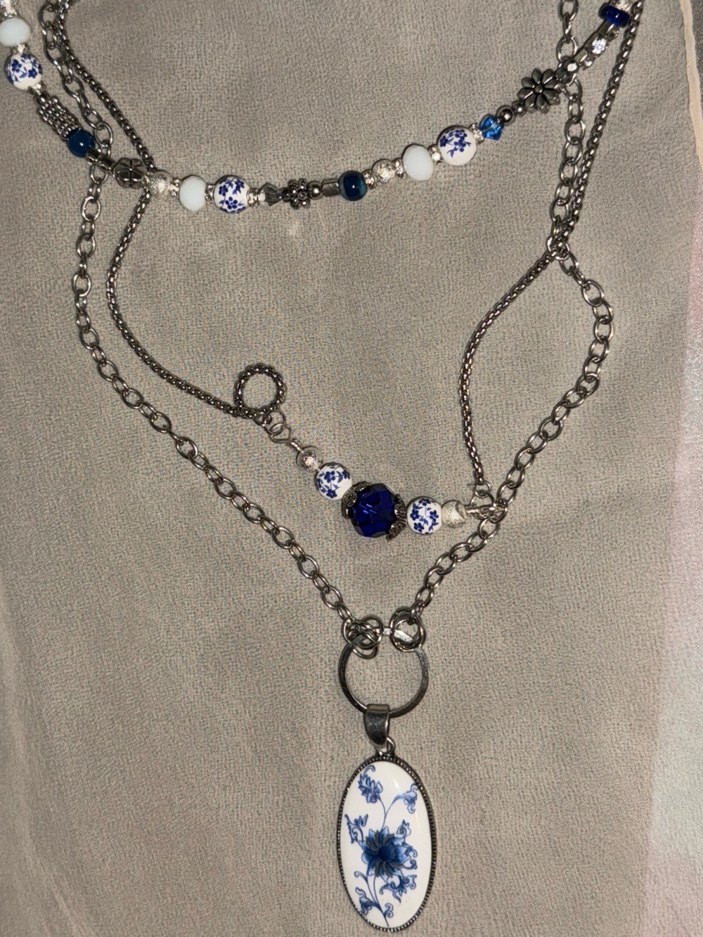 Vintage Delft Style Blue & White Porcelain Floral Pendant Layered Necklace